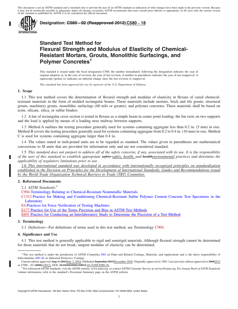 REDLINE ASTM C580-18 - Standard Test Method for Flexural Strength and Modulus of Elasticity of Chemical-Resistant  Mortars, Grouts, Monolithic Surfacings, and Polymer Concretes