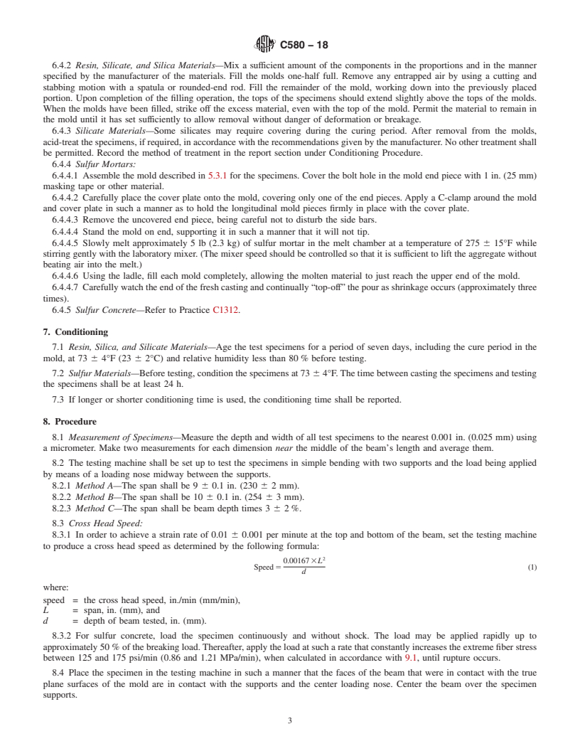 REDLINE ASTM C580-18 - Standard Test Method for Flexural Strength and Modulus of Elasticity of Chemical-Resistant  Mortars, Grouts, Monolithic Surfacings, and Polymer Concretes