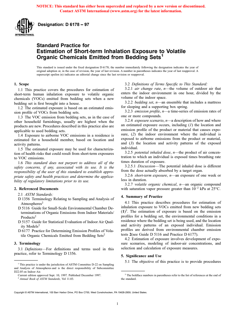 ASTM D6178-97 - Standard Practice for Estimation of Short-Term Inhalation Exposure to Volatile Organic Chemicals Emitted from Bedding Sets