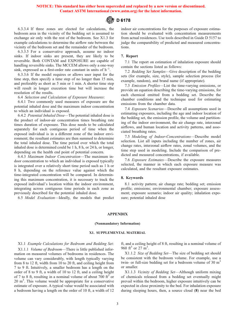 ASTM D6178-97 - Standard Practice for Estimation of Short-Term Inhalation Exposure to Volatile Organic Chemicals Emitted from Bedding Sets