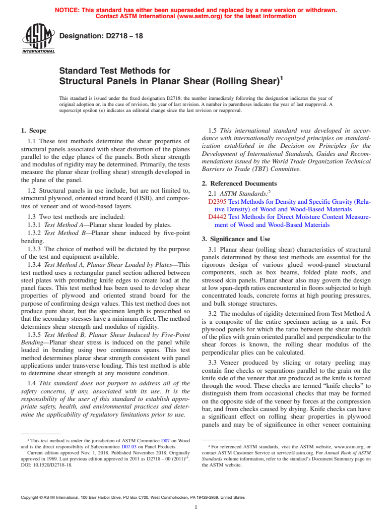 ASTM D2718-18 - Standard Test Methods for Structural Panels in Planar Shear (Rolling Shear)