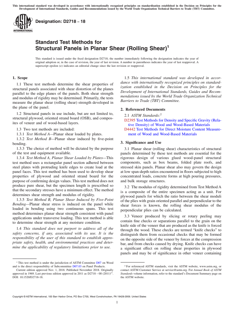 ASTM D2718-18 - Standard Test Methods for Structural Panels in Planar Shear (Rolling Shear)