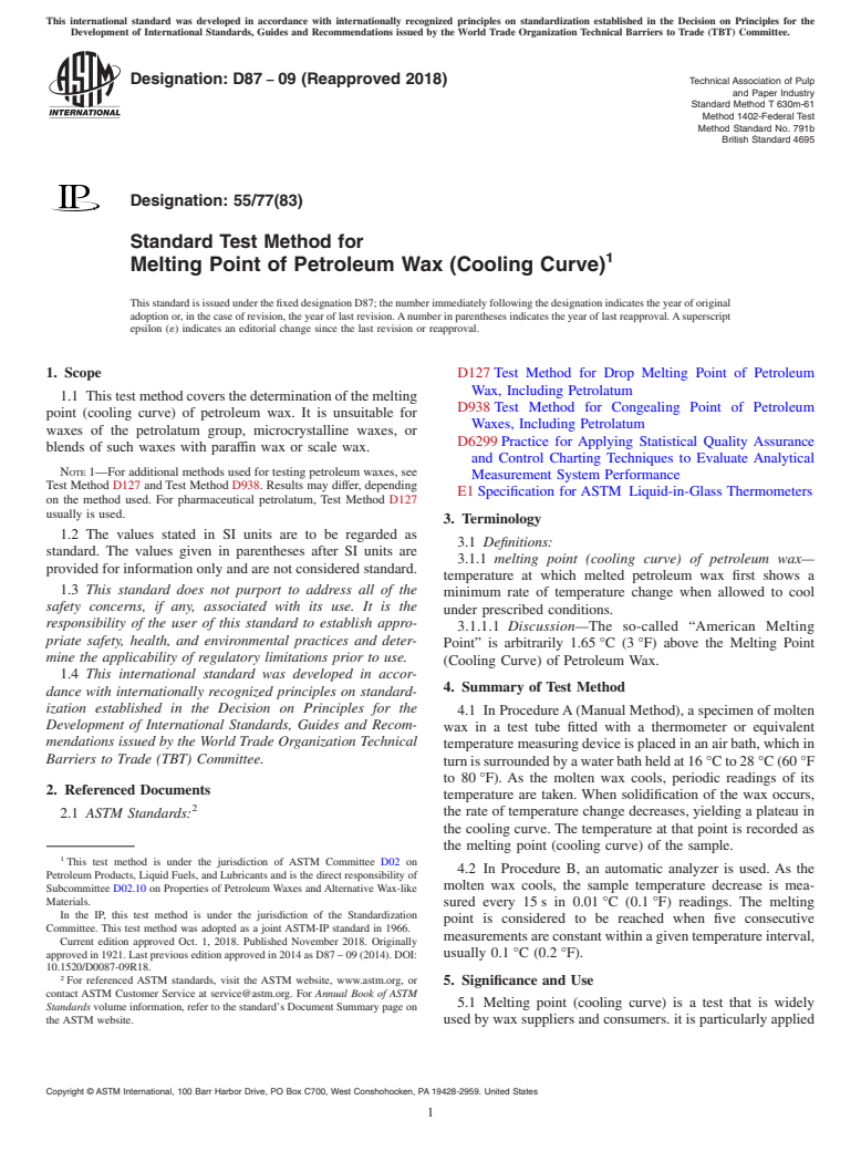 ASTM D87-09(2018) - Standard Test Method for  Melting Point of Petroleum Wax (Cooling Curve)