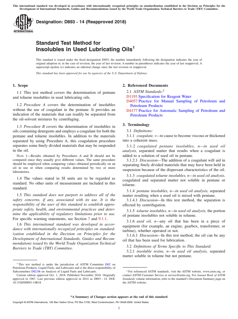 ASTM D893-14(2018) - Standard Test Method for  Insolubles in Used Lubricating Oils