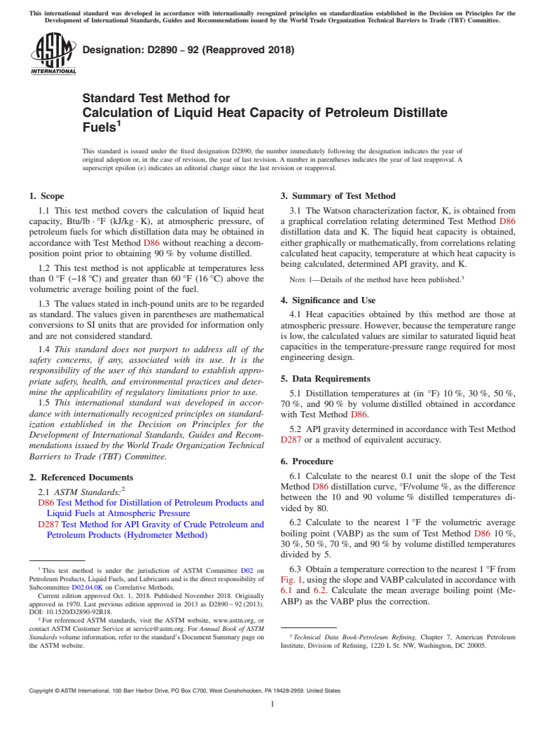 ASTM D2890-92(2018) - Standard Test Method for  Calculation of Liquid Heat Capacity of Petroleum Distillate  Fuels