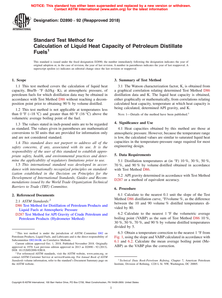 ASTM D2890-92(2018) - Standard Test Method for  Calculation of Liquid Heat Capacity of Petroleum Distillate  Fuels