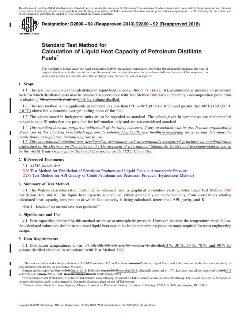 REDLINE ASTM D2890-92(2018) - Standard Test Method for  Calculation of Liquid Heat Capacity of Petroleum Distillate  Fuels