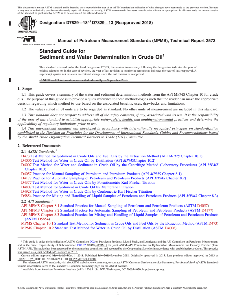 REDLINE ASTM D7829-13(2018) - Standard Guide for Sediment and Water Determination in Crude Oil