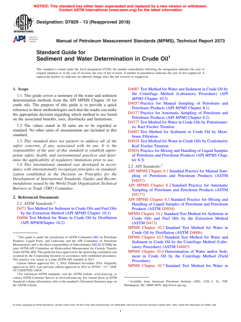 ASTM D7829-13(2018) - Standard Guide for Sediment and Water Determination in Crude Oil