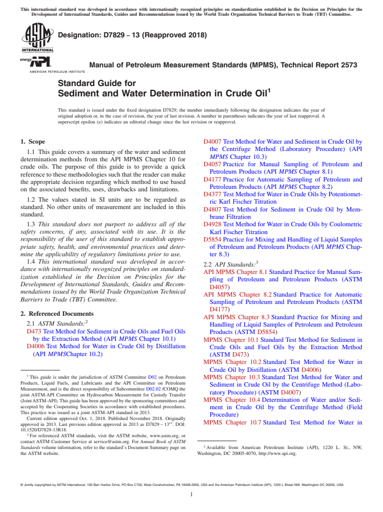 ASTM D7829-13(2018) - Standard Guide for Sediment and Water Determination in Crude Oil