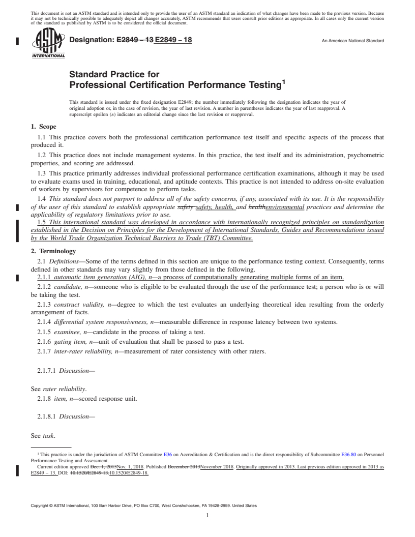 REDLINE ASTM E2849-18 - Standard Practice for Professional Certification Performance Testing