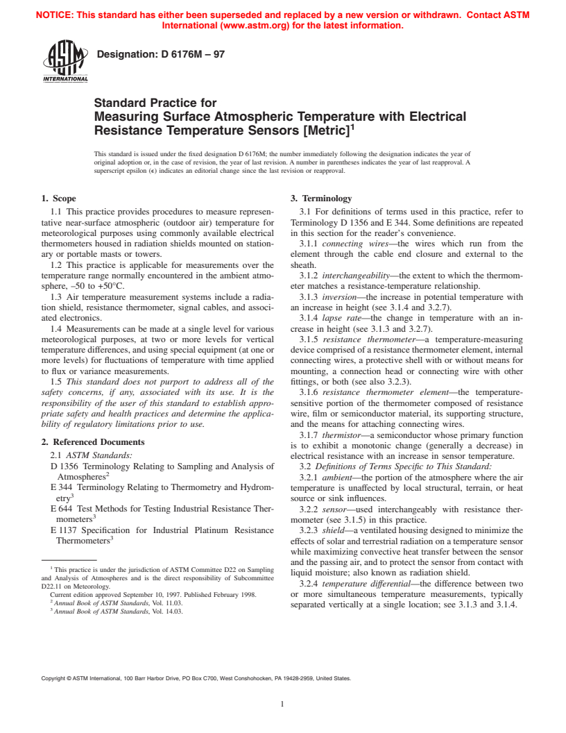 ASTM D6176M-97 - Standard Practice for Measuring Surface Atmospheric Temperature with Electrical Resistance Temperature Sensors (Metric)