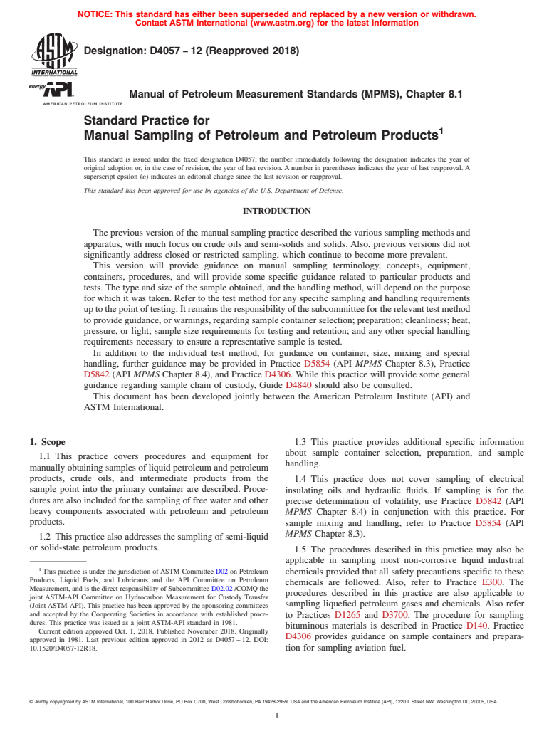 ASTM D4057-12(2018) - Standard Practice for Manual Sampling of Petroleum and Petroleum Products