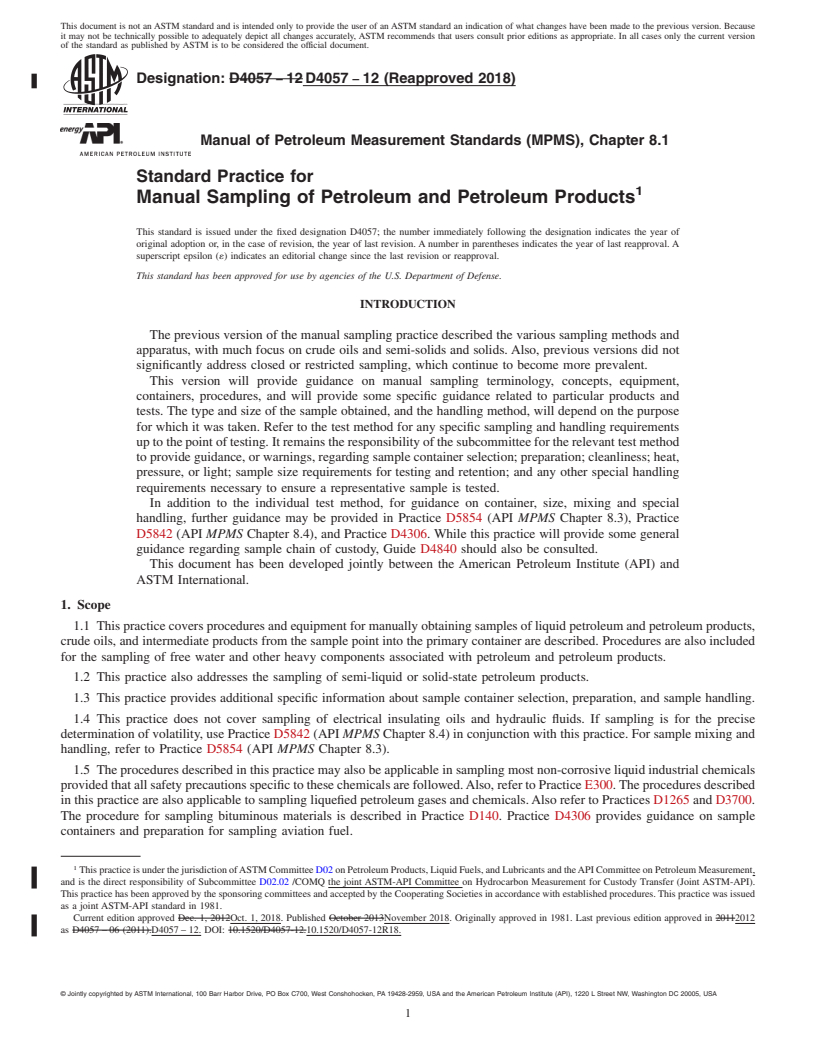 REDLINE ASTM D4057-12(2018) - Standard Practice for Manual Sampling of Petroleum and Petroleum Products