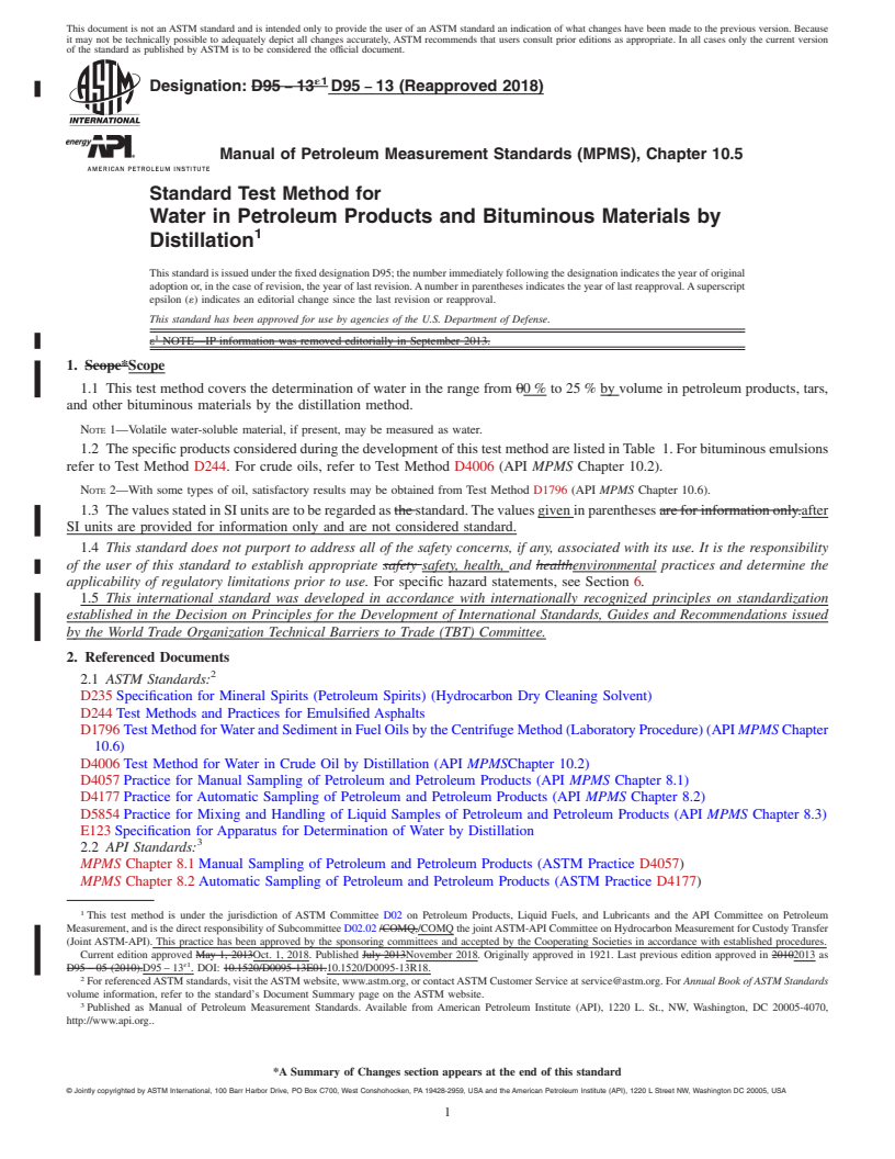 REDLINE ASTM D95-13(2018) - Standard Test Method for  Water in Petroleum Products and Bituminous Materials by Distillation