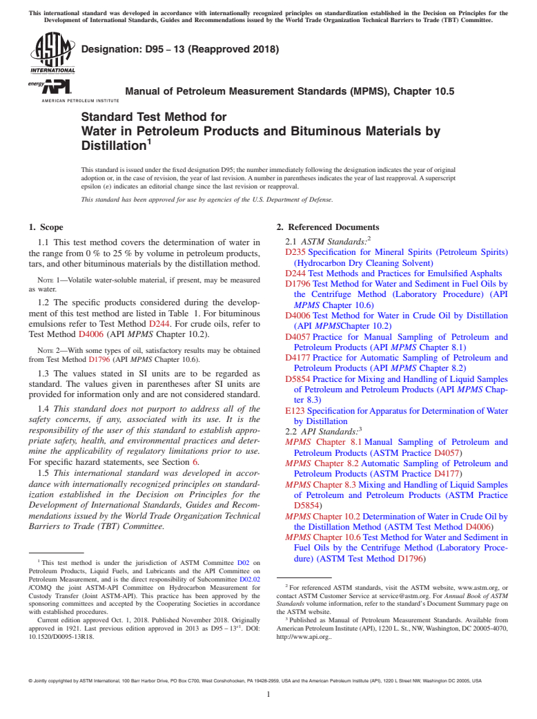 ASTM D95-13(2018) - Standard Test Method for  Water in Petroleum Products and Bituminous Materials by Distillation