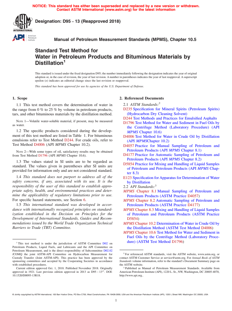 ASTM D95-13(2018) - Standard Test Method for  Water in Petroleum Products and Bituminous Materials by Distillation