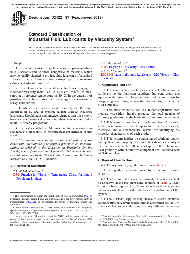 ASTM D2422-97(2018) - Standard Classification of  Industrial Fluid Lubricants by Viscosity System