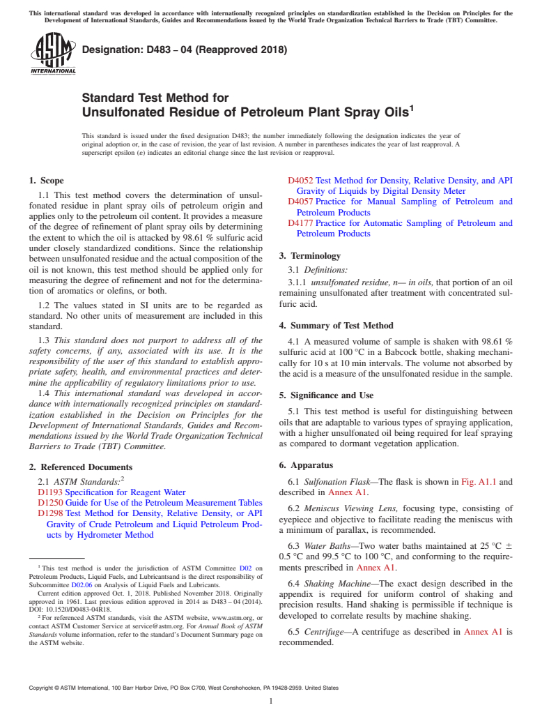 ASTM D483-04(2018) - Standard Test Method for  Unsulfonated Residue of Petroleum Plant Spray Oils