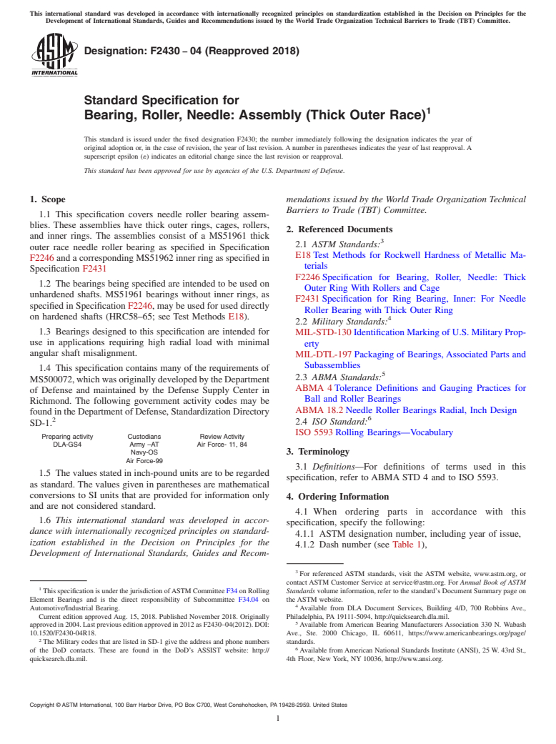 ASTM F2430-04(2018) - Standard Specification for  Bearing, Roller, Needle: Assembly (Thick Outer Race)