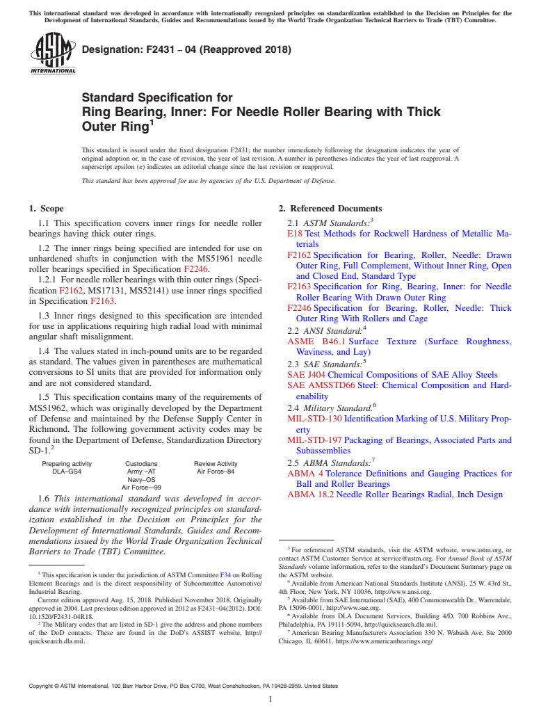 ASTM F2431-04(2018) - Standard Specification for  Ring Bearing, Inner: For Needle Roller Bearing with Thick Outer   Ring