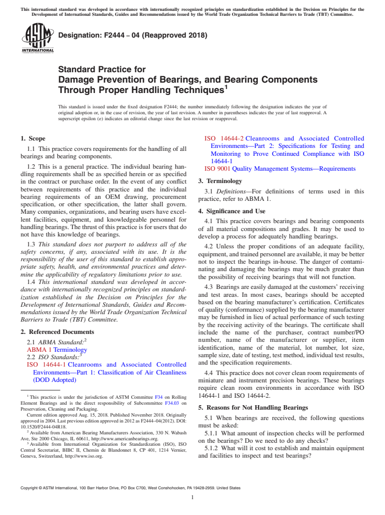 ASTM F2444-04(2018) - Standard Practice for  Damage Prevention of Bearings, and Bearing Components Through   Proper Handling Techniques