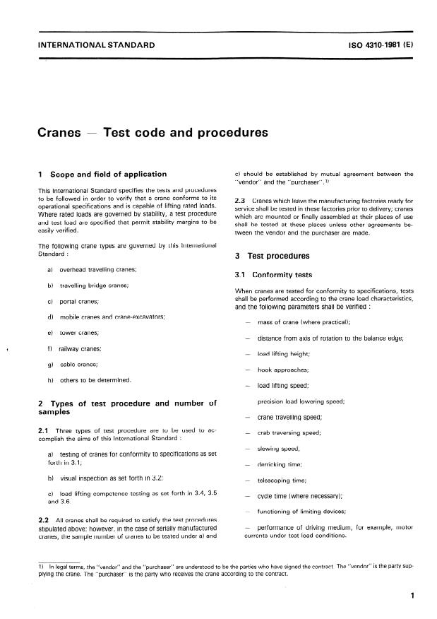 ISO 4310:1981 - Cranes -- Test code and procedures