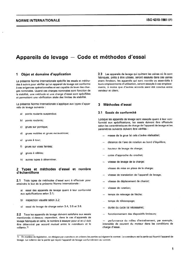 ISO 4310:1981 - Appareils de levage -- Code et méthodes d'essai