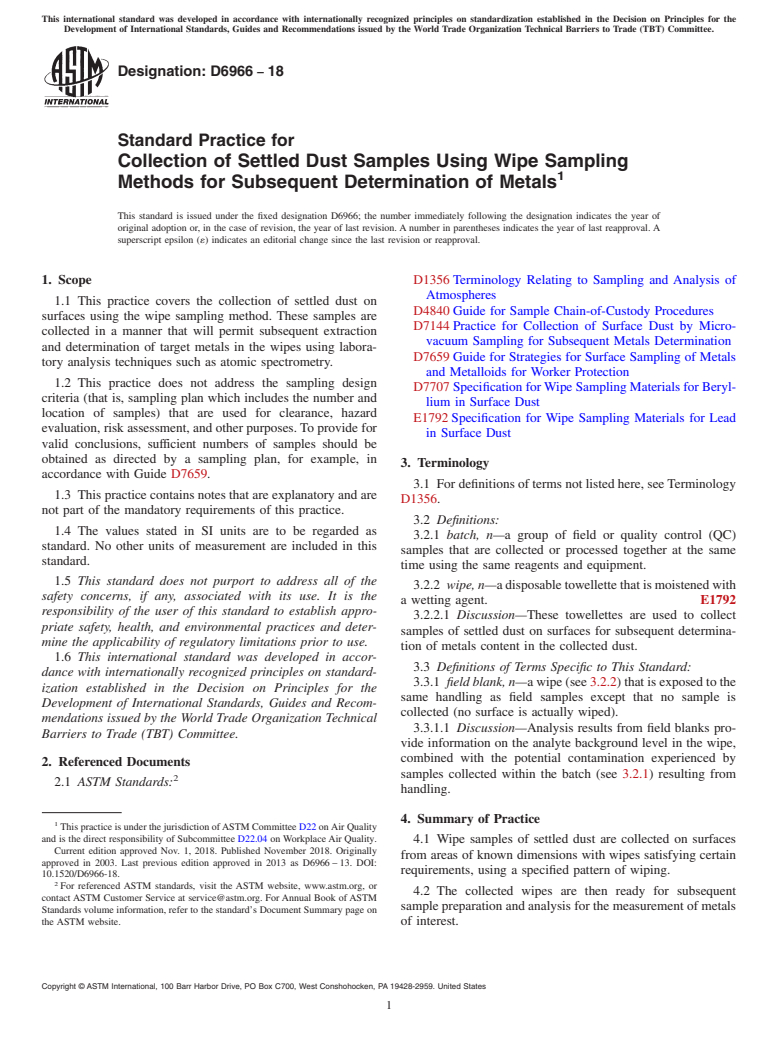 ASTM D6966-18 - Standard Practice for  Collection of Settled Dust Samples Using Wipe Sampling Methods  for Subsequent Determination of Metals