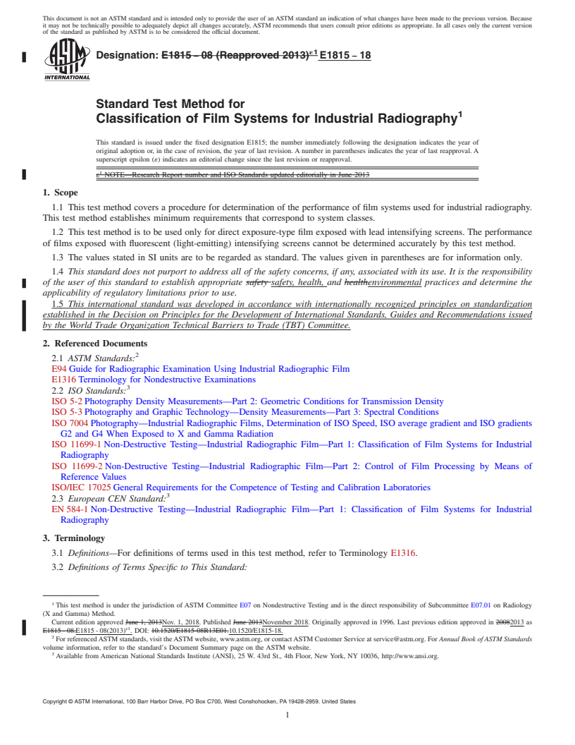 REDLINE ASTM E1815-18 - Standard Test Method for Classification of Film Systems for Industrial Radiography