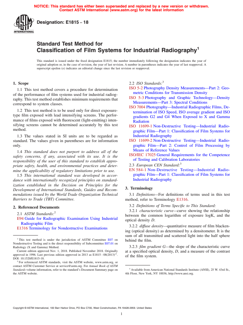 ASTM E1815-18 - Standard Test Method for Classification of Film Systems for Industrial Radiography