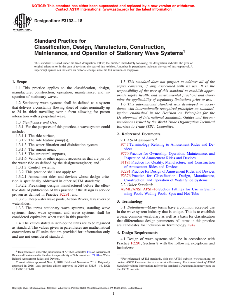 ASTM F3133-18 - Standard Practice for Classification, Design, Manufacture, Construction, Maintenance,  and Operation of Stationary Wave Systems