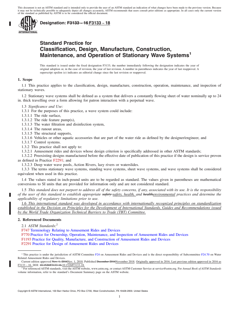 REDLINE ASTM F3133-18 - Standard Practice for Classification, Design, Manufacture, Construction, Maintenance,  and Operation of Stationary Wave Systems