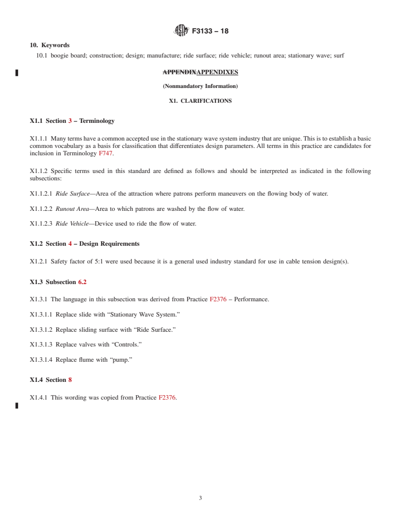 REDLINE ASTM F3133-18 - Standard Practice for Classification, Design, Manufacture, Construction, Maintenance,  and Operation of Stationary Wave Systems