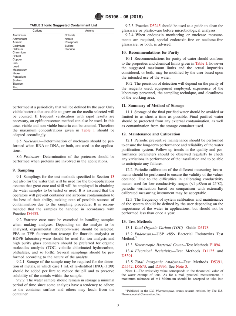 ASTM D5196-06(2018) - Standard Guide for  Bio-Applications Grade Water