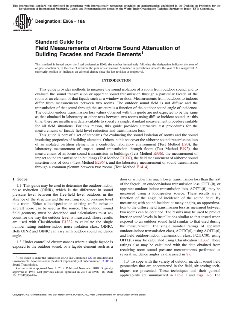 ASTM E966-18a - Standard Guide for  Field Measurements of Airborne Sound Attenuation of Building  Facades and Facade Elements