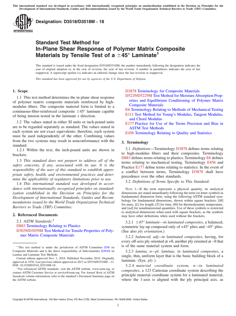 ASTM D3518/D3518M-18 - Standard Test Method for  In-Plane Shear Response of Polymer Matrix Composite Materials  by Tensile Test of a &#xb1;45&#xb0; Laminate