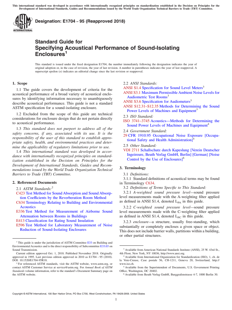 ASTM E1704-95(2018) - Standard Guide for  Specifying Acoustical Performance of Sound-Isolating Enclosures