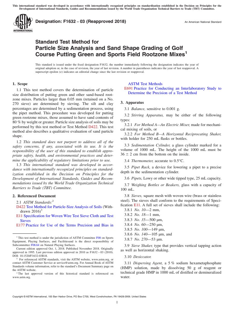 ASTM F1632-03(2018) - Standard Test Method for  Particle Size Analysis and Sand Shape Grading of Golf Course  Putting Green and Sports Field Rootzone Mixes