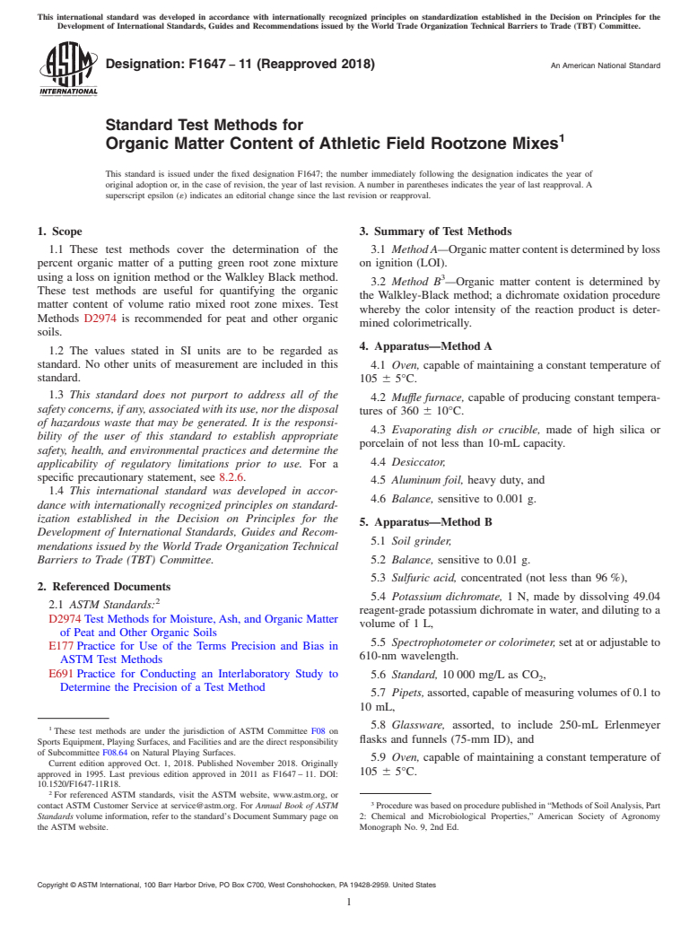 ASTM F1647-11(2018) - Standard Test Methods for  Organic Matter Content of Athletic Field Rootzone Mixes