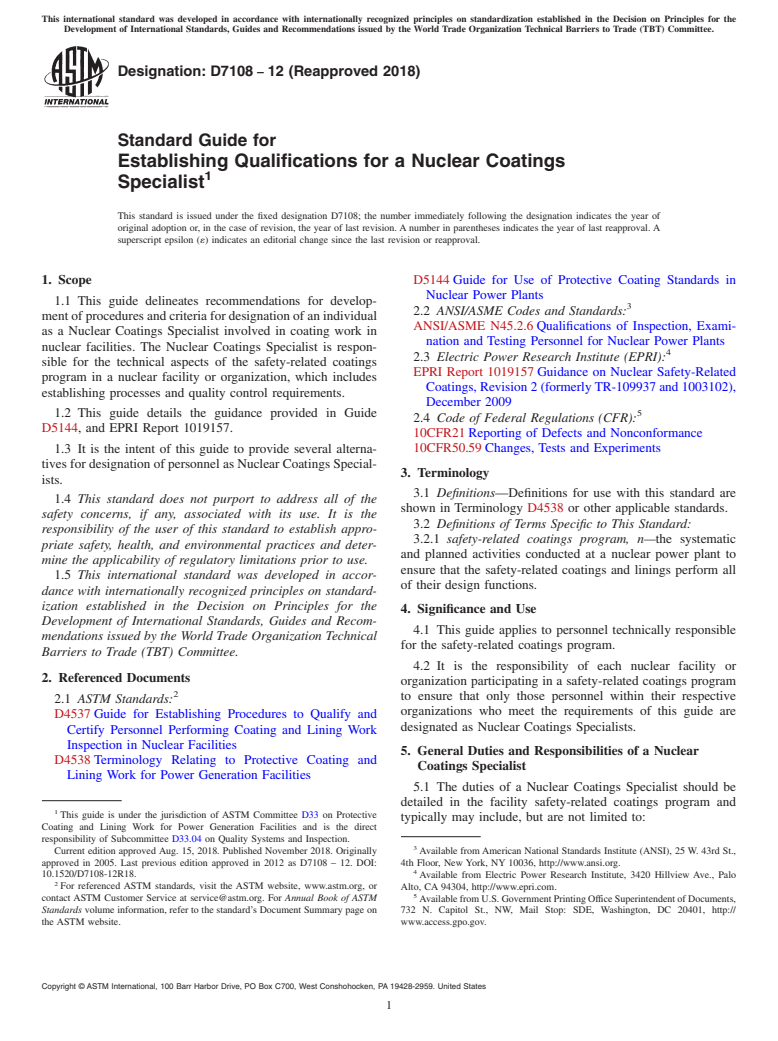 ASTM D7108-12(2018) - Standard Guide for Establishing Qualifications for a Nuclear Coatings Specialist