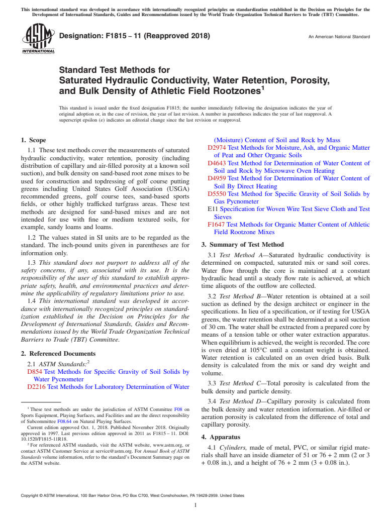 ASTM F1815-11(2018) - Standard Test Methods for  Saturated Hydraulic Conductivity, Water Retention, Porosity,  and Bulk Density of Athletic Field Rootzones