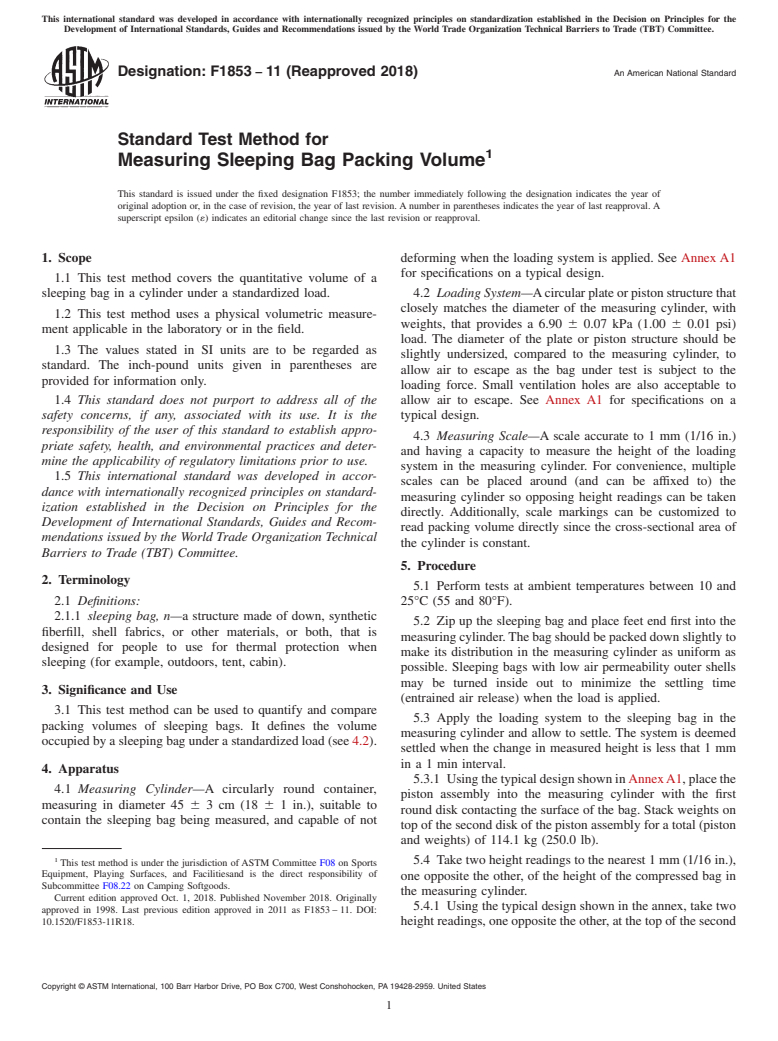 ASTM F1853-11(2018) - Standard Test Method for  Measuring Sleeping Bag Packing Volume