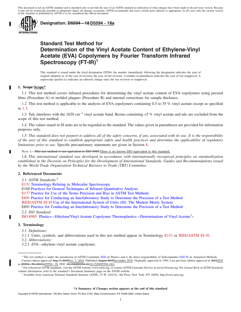 REDLINE ASTM D5594-18a - Standard Test Method for  Determination of the Vinyl Acetate Content of Ethylene-Vinyl  Acetate (EVA) Copolymers by Fourier Transform Infrared Spectroscopy  (FT-IR)