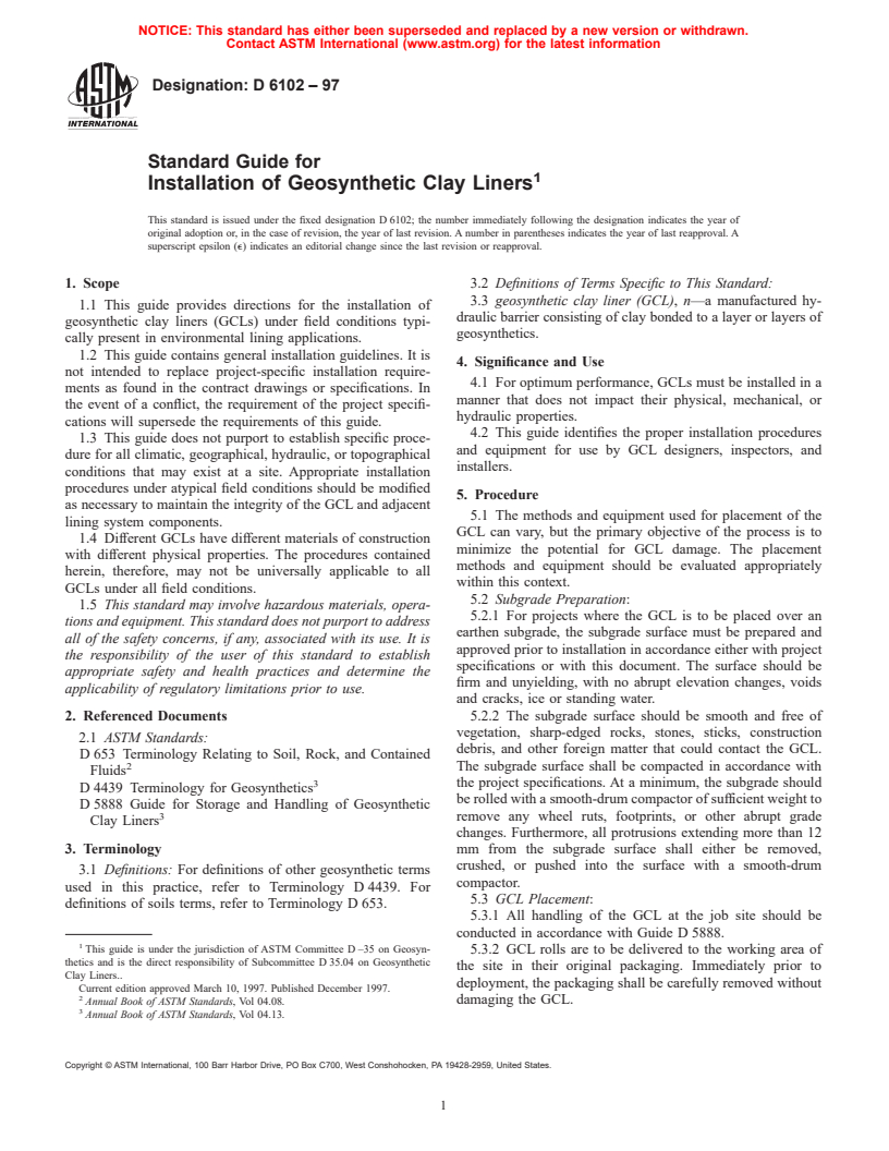 ASTM D6102-97 - Standard Guide for Installation of Geosynthetic Clay Liners