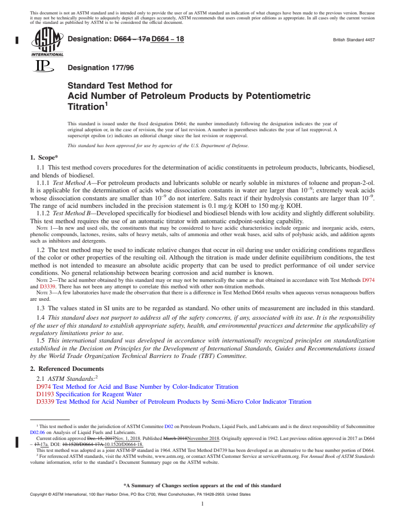 REDLINE ASTM D664-18 - Standard Test Method for Acid Number of Petroleum Products by Potentiometric Titration