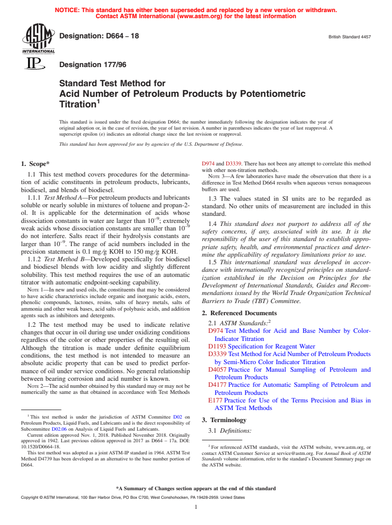 ASTM D664-18 - Standard Test Method for Acid Number of Petroleum Products by Potentiometric Titration