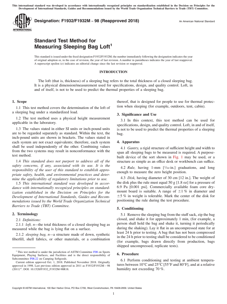 ASTM F1932/F1932M-98(2018) - Standard Test Method for  Measuring Sleeping Bag Loft