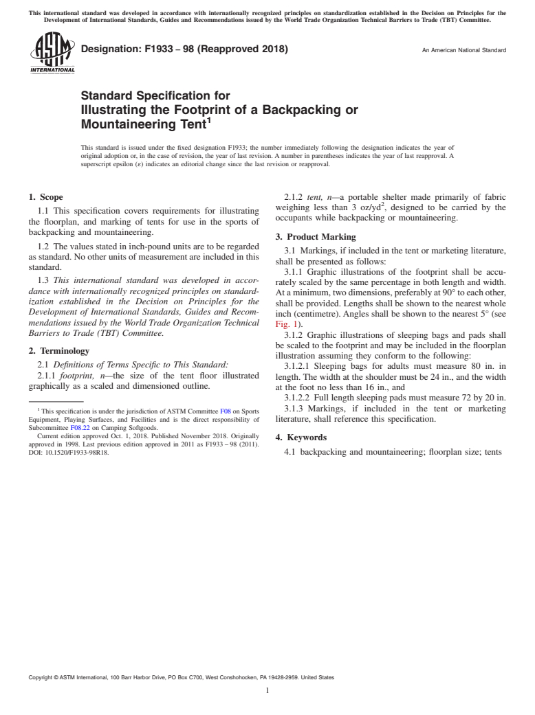 ASTM F1933-98(2018) - Standard Specification for  Illustrating the Footprint of a Backpacking or Mountaineering  Tent