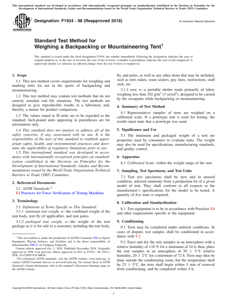 ASTM F1934-98(2018) - Standard Test Method for  Weighing a Backpacking or Mountaineering Tent